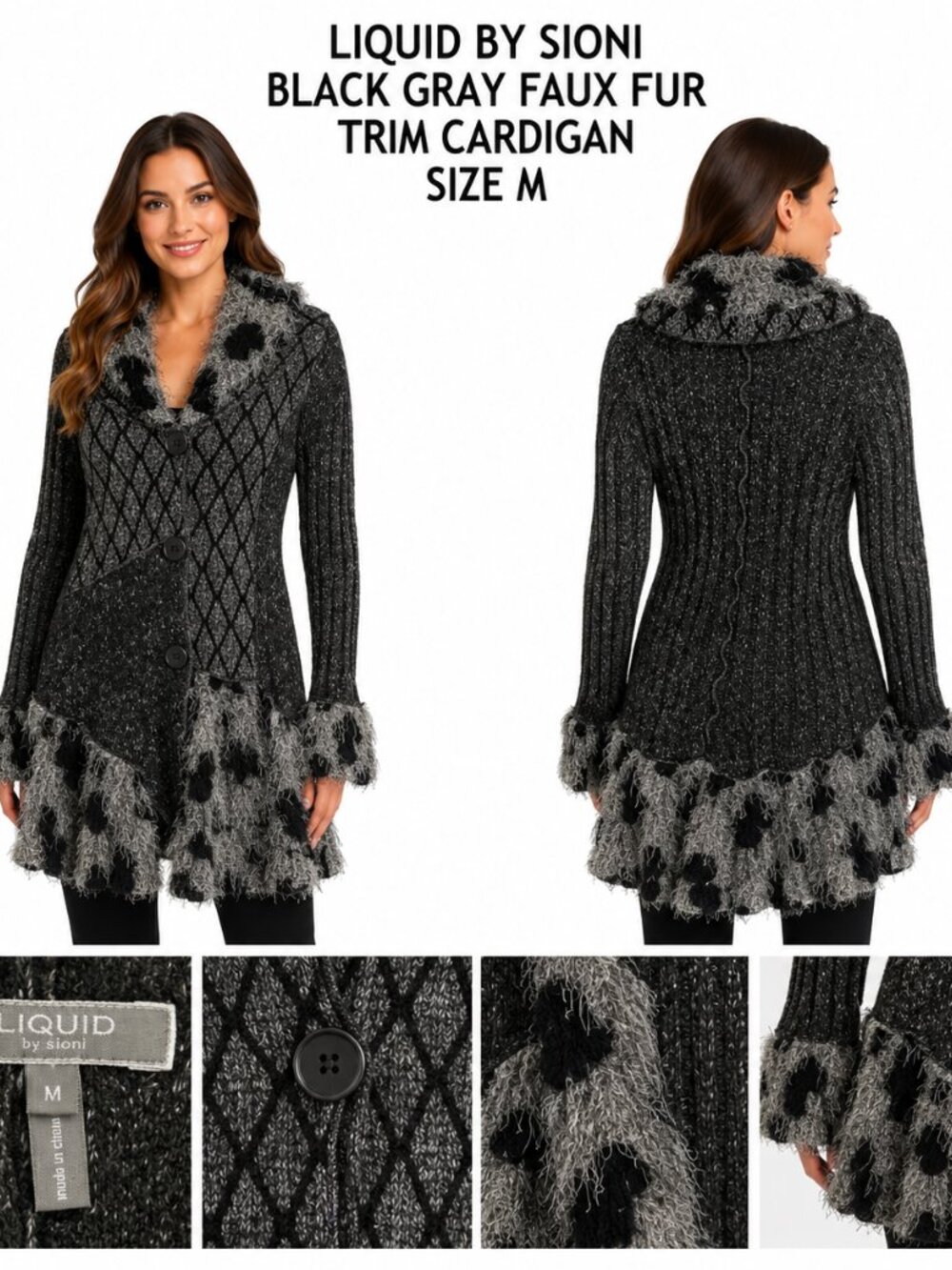 LIQUID BY SIONI BLACK GRAY FAUX FUR TRIM CARDIGAN SIZE M
